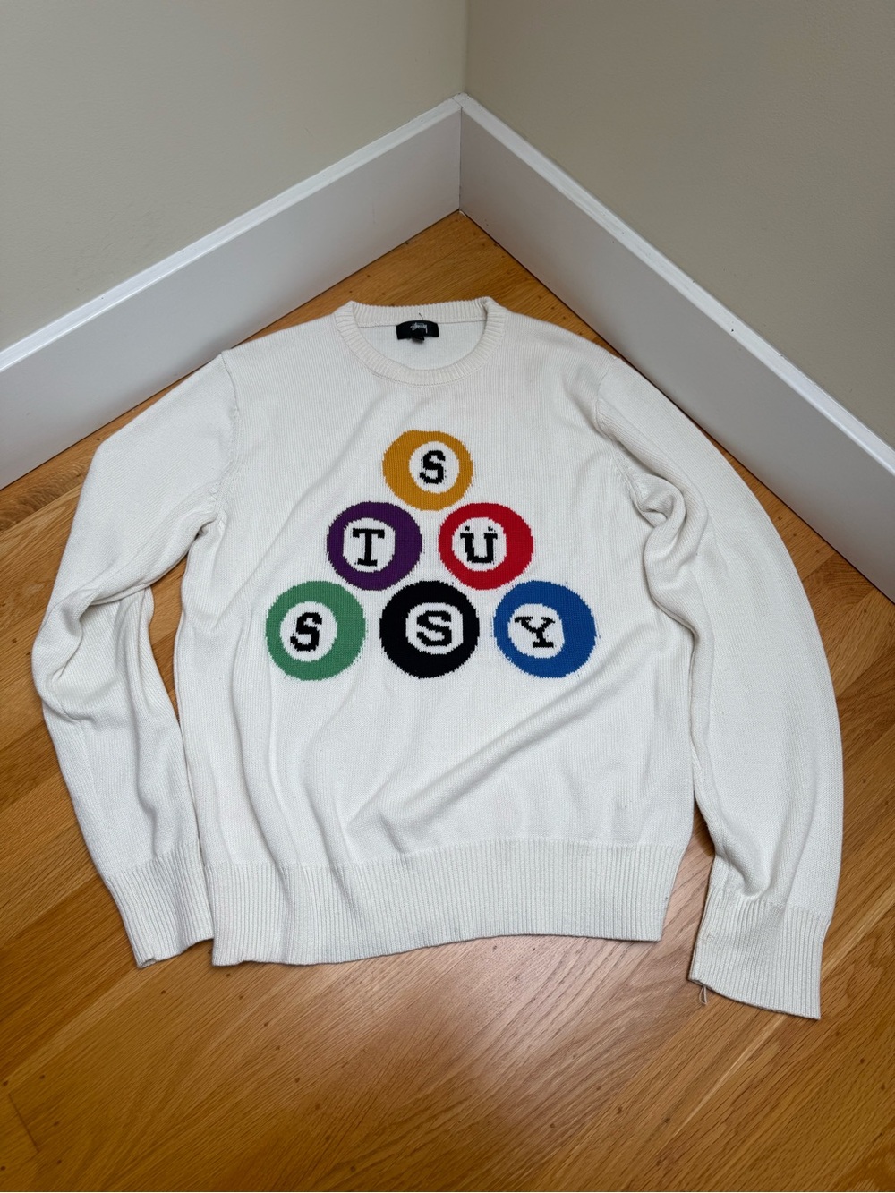 Stussy White Knit Crewneck Billiards Sweater, size small